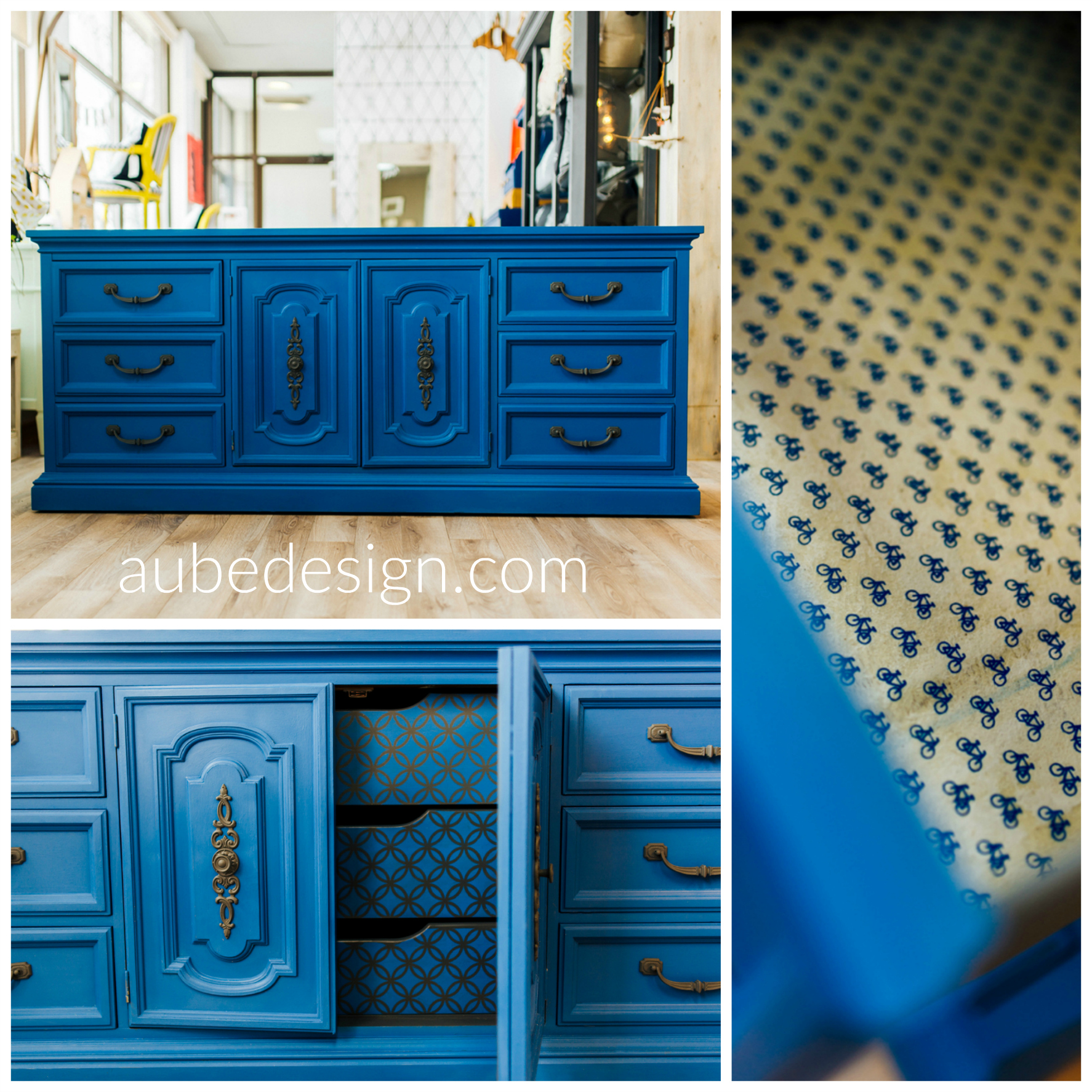 Collection Aube Design - Chalk paint - Napoléonic blue + Greek blue. Créations personnalisée pour meuble à langer bébé. Crédit photo : Marie-éve Rompré